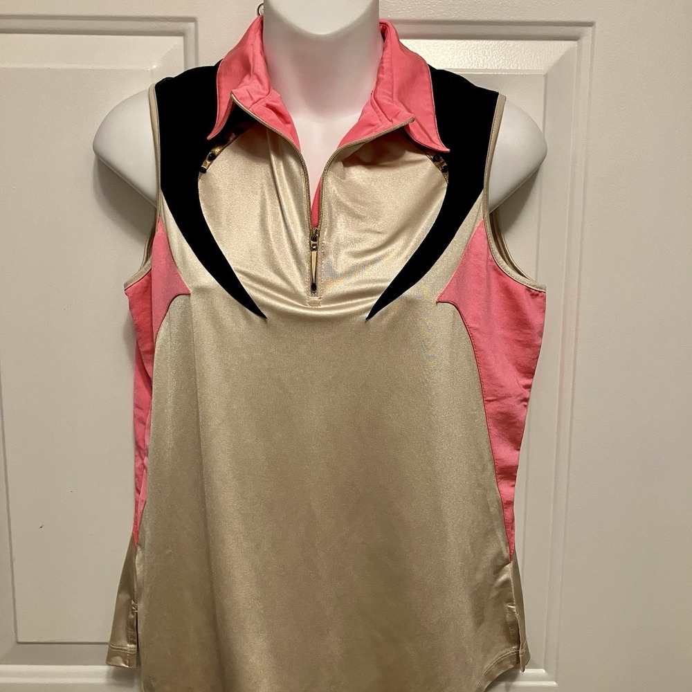 Jamie Sadock Women's Golf Tennis Shirt 1/4 Zip Size Medium Pink Gold Black Studs